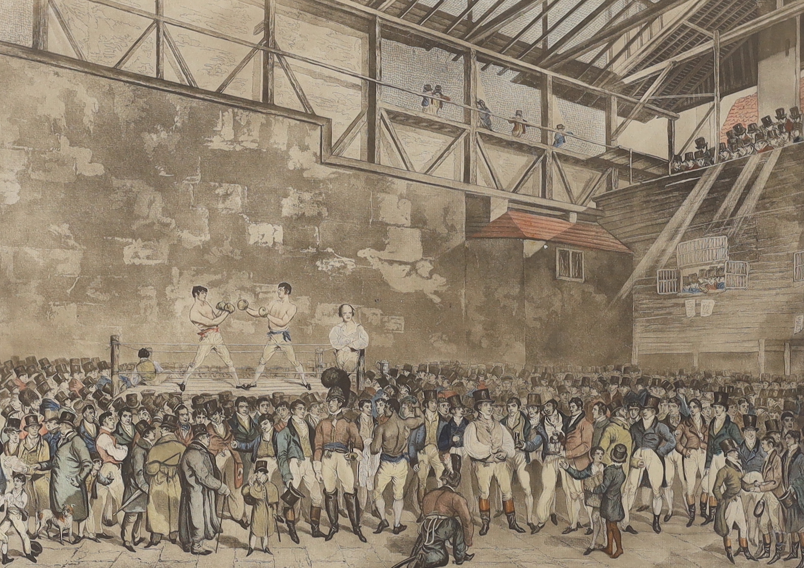Charles Turner (1774-1857) after T. Blake, colour engraving, Boxing interest 'The interior of the Fives Court', 42 x 56cm